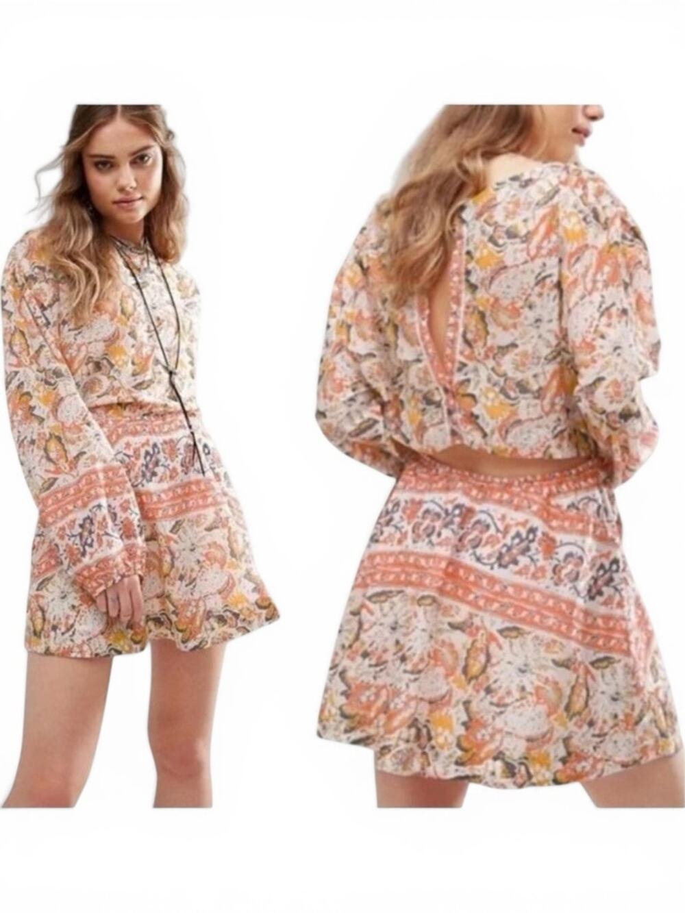 Boho Floral Paisley Sun Printed Mini Dress, Cut Out Back